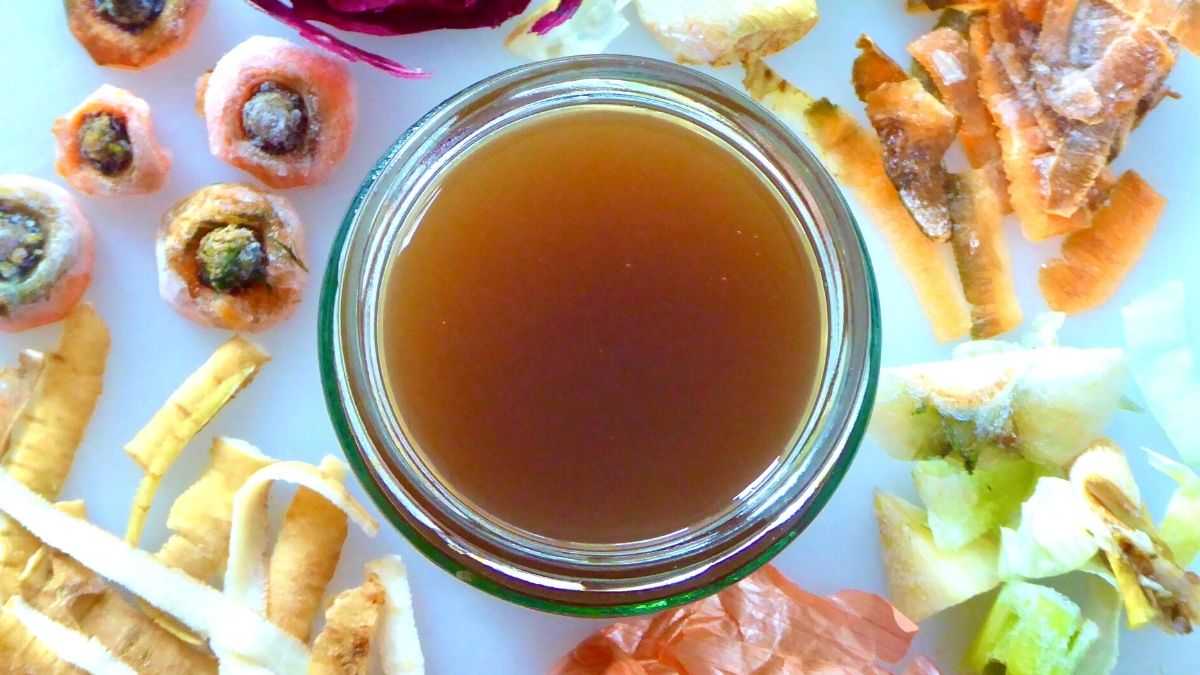 gluten free broth with vegetable scraps around it