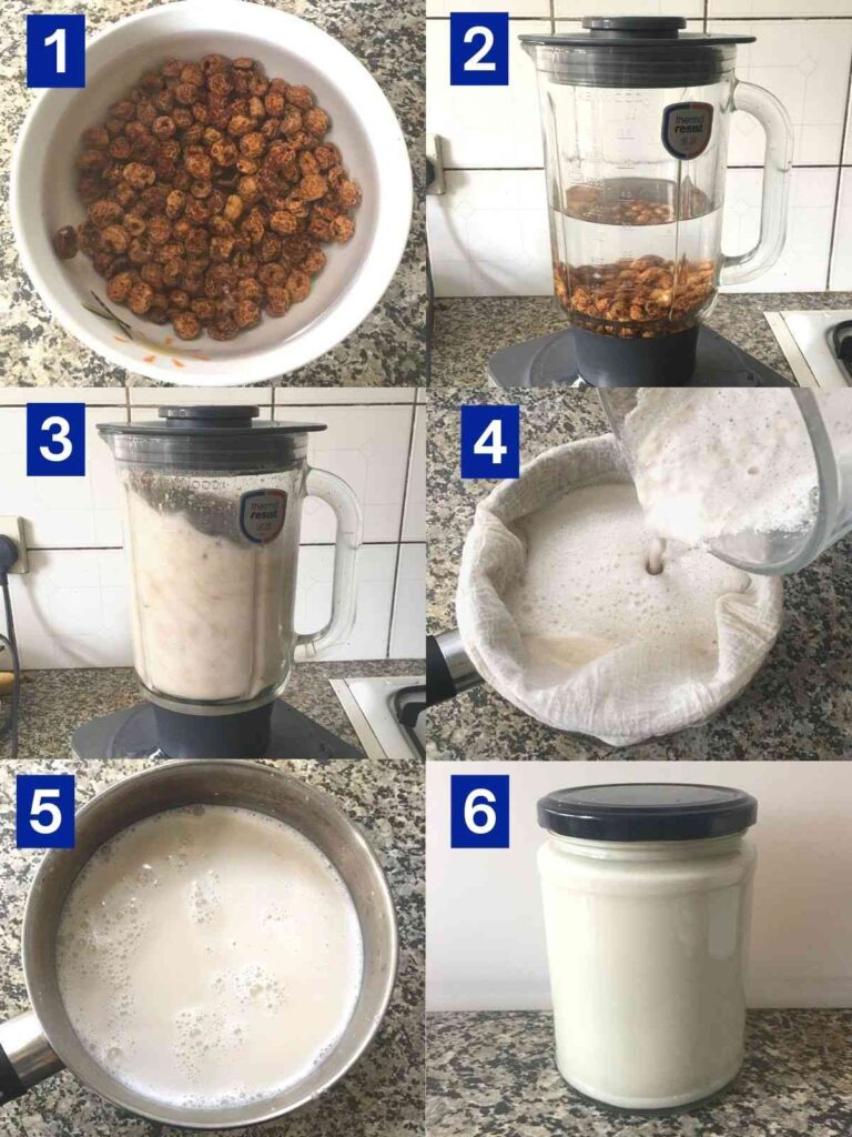 6 photos showing tiger nuts being soaked, added to a blender with filtered water, blending on high, straining the milk through a nut milk bag and transferring the milk to a glass jar to be stored.