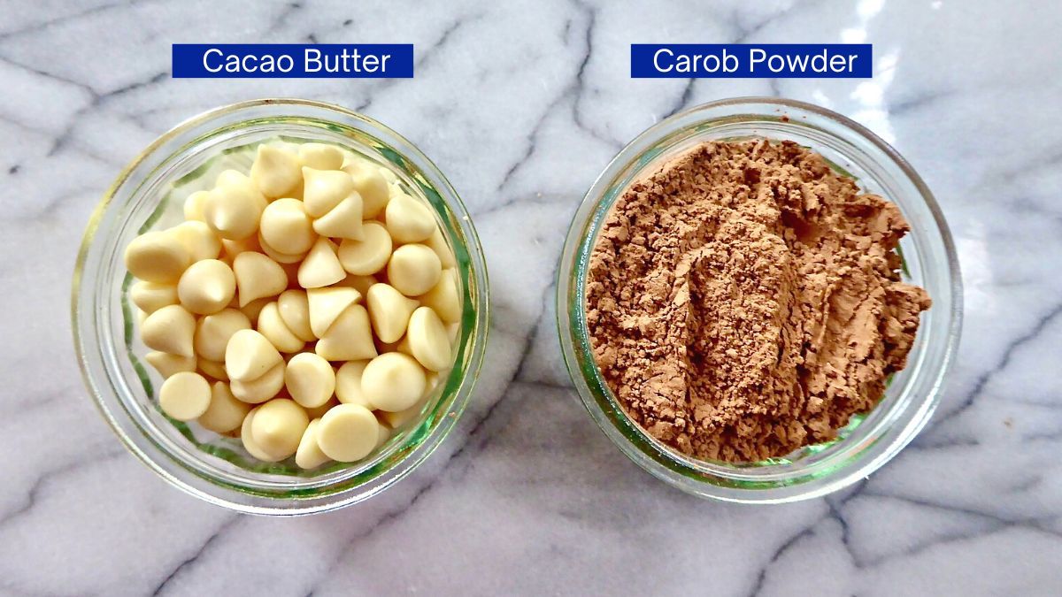 ingredients to make chocolates cacao butter and carob powder